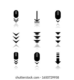 Scroll down buttons drop shadow black glyph icons set. Internet page browsing and download indicators. Web cursor. PC elements with arrowheads. Isolated vector illustrations on white space