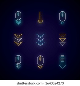 Scroll down buttons neon light icons set. Internet page browsing and download indicators. PC elements with arrowheads. Signs with outer glowing effect. Vector isolated RGB color illustrations