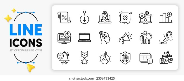 Desplácese hacia abajo, experimento de química y los iconos de línea de video de Like establecidos para la aplicación incluyen Telemedicina, huella digital, icono delgado del contorno de la gestión del tiempo. Gráfico de disminución, Megáfono. Vector