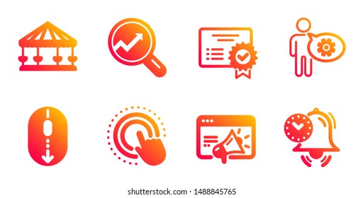 Scroll down, Cogwheel and Carousels line icons set. Seo marketing, Click hand and Certificate signs. Analytics, Time management symbols. Mouse swipe, Engineering tool. Technology set. Vector