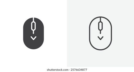 Scroll down computer mouse icon set in black flat solid and outlined style.