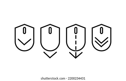 Scroll down design icon set . Scroll down computer mouse icon collection .Scrolling mouse symbol for web design isolated on white background. Modern linear pictogram of scroll down. flat mouse icon.