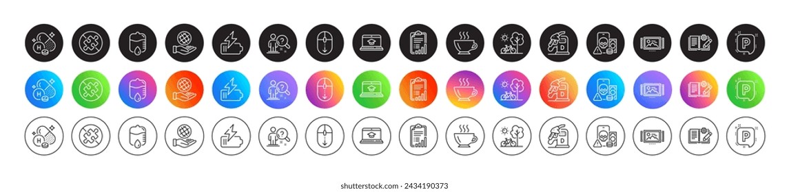 Scroll down, Diesel station and No puzzle line icons. Round icon gradient buttons. Pack of Vitamin h, Bicycle, Battery icon. Website education, Checklist, Safe planet pictogram. Vector