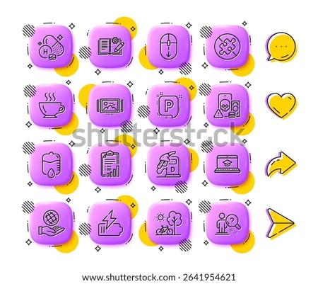Scroll down, Diesel station and No puzzle line icons. App 3d buttons. Social media comment, share, like icons. Pack of Vitamin h, Bicycle, Battery icon. Vector