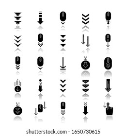 Scroll down drop shadow black glyph icons set. Internet page browsing and download indicators. Downward arrows. Web cursor. PC mouse with arrowheads. Isolated vector illustrations on white space