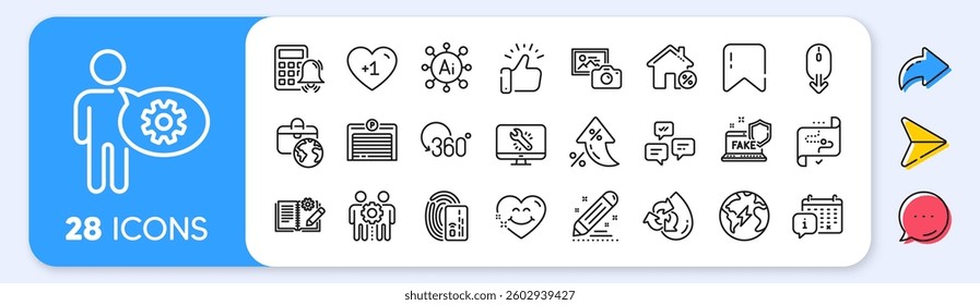 Scroll down, Electricity and Calendar line icons. Interest rate, AI generate, Inflation icons. Pack of Recycle water, Global business, Monitor repair icon. Vector