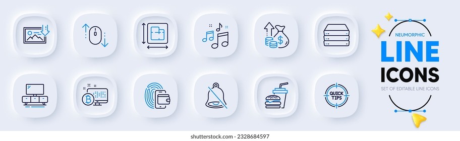 Scroll down, Floor plan and Bitcoin system line icons for web app. Pack of Mute, Inflation, Servers pictogram icons. Music, Wallet, Download photo signs. Hamburger, Tv stand, Tips. Mouse swipe. Vector