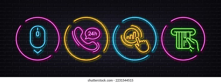 Scroll down, Graph chart and 24h service minimal line icons. Neon laser 3d lights. Credit card icons. For web, application, printing. Mouse swipe, Get report, Call support. Atm payment. Vector