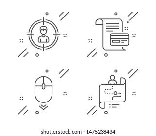 Scroll down, Headhunting and Payment card line icons set. Journey path sign. Mouse swipe, Person in target, Agreement conditions. Project process. Business set. Line scroll down outline icon. Vector