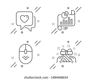 Scroll down, Heart and Report document line icons set. Gift sign. Mouse swipe, Love chat, Growth chart. Present. Business set. Line scroll down outline icon. Vector