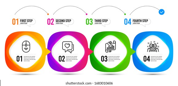 Scroll down, Heart and Report document line icons set. Timeline steps. Gift sign. Mouse swipe, Love chat, Growth chart. Present. Business set. Infographic options banner with scroll down icon. Vector