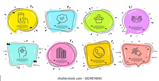 Scroll down, Hold heart and Touchscreen gesture signs. Speech bubbles with quotes. Skyscraper buildings, Approved and Send box line icons set. Recruitment, Call center symbols. Vector