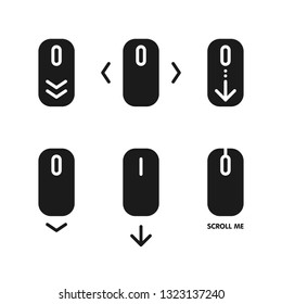 Scroll down and up icon set. Pointer moves, interface development for users. Vector line art illustration on white background.