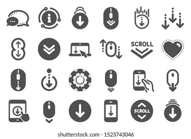 Scroll down icons. Scrolling mouse, landing page swipe signs. Mobile device technology icons. Website scroll navigation. Tablet pc or smartphone swipe symbols. Phone scrolling. Quality set. Vector
