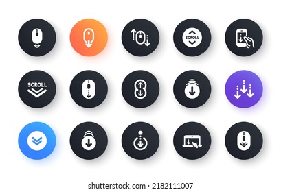 Desplazar los iconos hacia abajo. Desplazamiento del ratón, señalización de la página de inicio. Iconos de tecnología de dispositivos móviles. Navegación de desplazamiento del sitio web. Desplazamiento telefónico. Conjunto clásico. Círculo de botones web. Vector