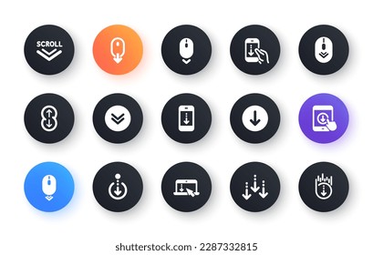 Scroll down icons. Scrolling mouse, landing page swipe signs. Mobile device technology icons. Website scroll navigation. Phone scrolling. Classic set. Circle web buttons. Vector