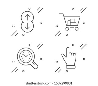 Scroll down, Internet shopping and Time management line icons set. Click hand sign. Swipe arrow, Cart with purchases, Time analysis. Direction finger. Business set. Vector