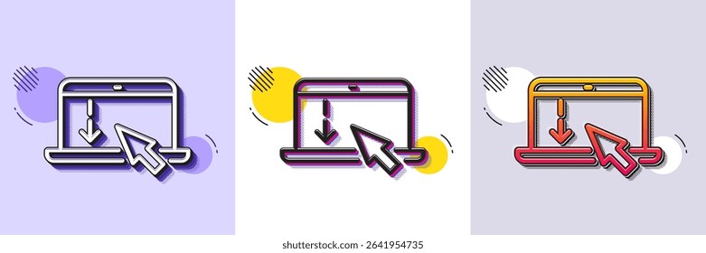 Scroll down laptop line icon. Halftone dotted pattern. Gradient icon with grain shadow. Scrolling screen sign. Swipe page. Line scroll down icon. Various designs. Vector