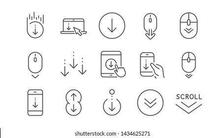 Scroll Down Line Icons. Scrolling Mouse, Landing Page Swipe Signs. Mobile Device Technology Icons. Website Scroll Navigation. Phone Scrolling. Linear Set. Vector