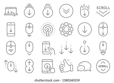 Scroll down line icons. Scrolling mouse, landing page swipe signs. Mobile device technology icons. Website scroll navigation. Tablet pc or smartphone swipe symbols. Phone scrolling. Vector