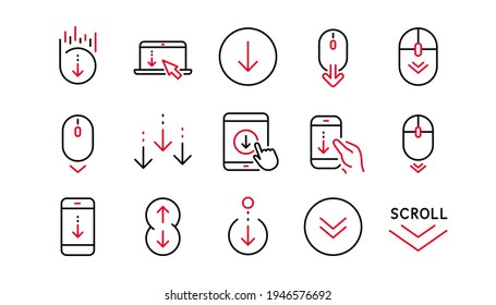 Desplazar los iconos de la línea hacia abajo. Desplazamiento del ratón, señalización de la página de inicio. Iconos de tecnología de dispositivos móviles. Navegación de desplazamiento del sitio web. Desplazamiento telefónico. Conjunto lineal. Conjunto lineal. Conjunto de líneas de calidad. Vector