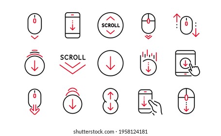 Scroll down line icons. Scrolling mouse, landing page swipe signs. Mobile device technology icons. Website scroll navigation. Phone scrolling. Linear set. Linear set. Quality line set. Vector