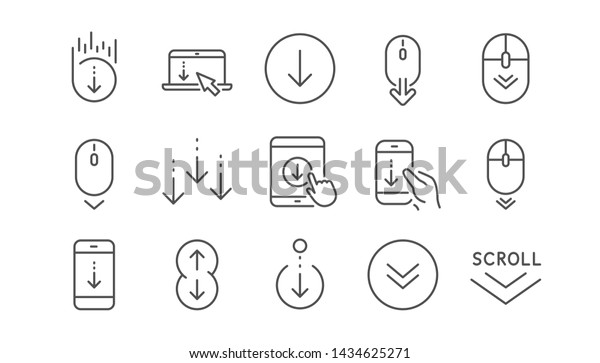下へスクロールするアイコン マウスのスクロール ランディングページのスワイプ記号 モバイルデバイステクノロジのアイコン ウェブサイトのスクロールナビゲーション 電話のスクロール 線形セット ベクター画像 のベクター画像素材 ロイヤリティフリー