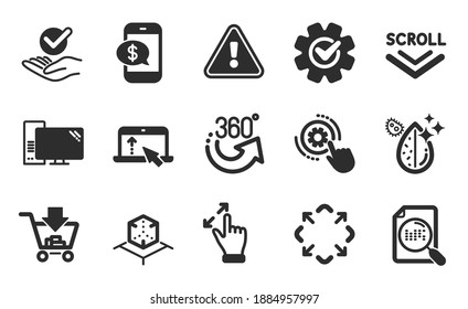 Scroll down, Maximize and Touchscreen gesture icons simple set. Phone payment, Shopping and Swipe up signs. 360 degrees, Search file and Cogwheel settings symbols. Flat icons set. Vector