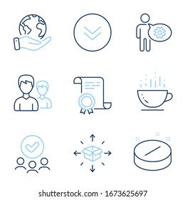 Scroll down, Medical tablet and Couple line icons set. Diploma certificate, save planet, group of people. Cogwheel, Coffee cup and Parcel delivery signs. Vector
