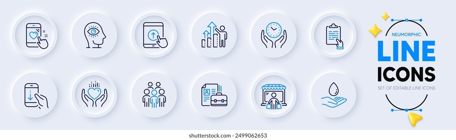 Desplácese hacia abajo, el ojo de la meditación y deslice hacia arriba los iconos de la línea para el App del Web. Paquete de Portapapeles, comprador del mercado, iconos del pictograma de la vacante. Resultados de los empleados, Hold heart, Water care signs. Tiempo seguro. Vector