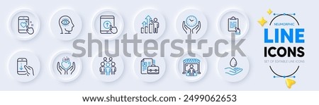 Scroll down, Meditation eye and Swipe up line icons for web app. Pack of Clipboard, Market buyer, Vacancy pictogram icons. Employee results, Hold heart, Water care signs. Safe time. Vector