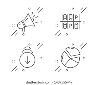 Scroll down, Megaphone and Parking place line icons set. Pie chart sign. Swipe screen, Brand advertisement, Transport. Presentation graph. Business set. Line scroll down outline icon. Vector