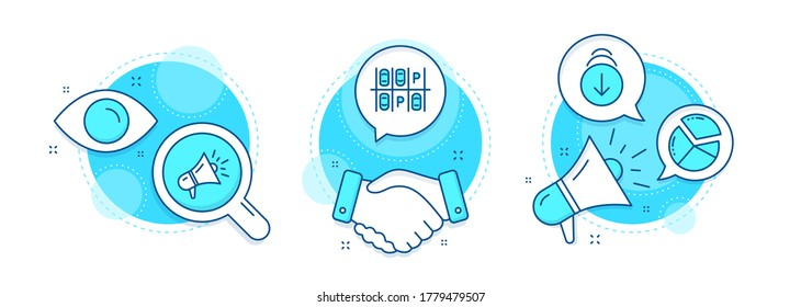 Scrollen Sie nach unten, Megaphone und die Symbole für die Parkplätze. Handshake Deal, Forschung und Förderung komplexe Symbole. Plakatzeichen. Scheibenwischer, Markenwerbung, Transport. Präsentationsgraph. Vektorgrafik