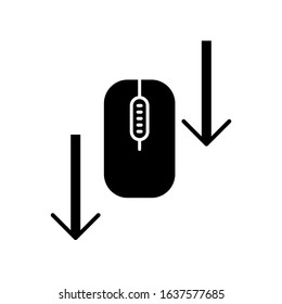 Scroll down mouse black glyph icon. Internet page browsing arrows. Scrolldown gesture indicator. Website pointer. Web cursor. Silhouette symbol on white space. Vector isolated illustration