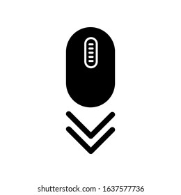 Scroll down mouse black glyph icon. Internet page browsing double arrow. Modern computer equipment with buttons and wheel. PC mouse. Silhouette symbol on white space. Vector isolated illustration