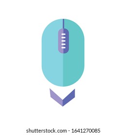 Scroll down mouse flat design cartoon RGB color icon. Internet page browsing and scrolling. Web cursor pointing down direction. PC mouse with buttons and wheel . Vector silhouette illustration