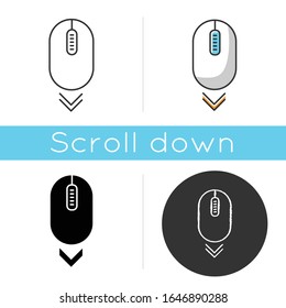 Scroll down mouse icon. Internet page browsing and scrolling. Web cursor pointing down direction. Website pointer. PC mouse. Linear black and RGB color styles. Isolated vector illustrations