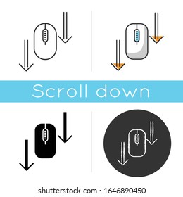 Scroll down mouse icon. Internet page browsing arrows. Scrolldown gesture indicator. Web cursor. PC mouse and arrowheads. Linear black and RGB color styles. Isolated vector illustrations