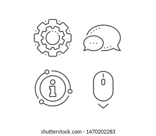 Scroll down mouse line icon. Chat bubble, info sign elements. Scrolling screen sign. Swipe page. Linear scroll down outline icon. Information bubble. Vector