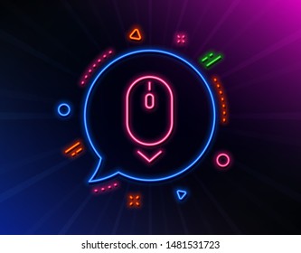 Scroll down mouse line icon. Neon laser lights. Scrolling screen sign. Swipe page. Glow laser speech bubble. Neon lights chat bubble. Banner badge with scroll down icon. Vector