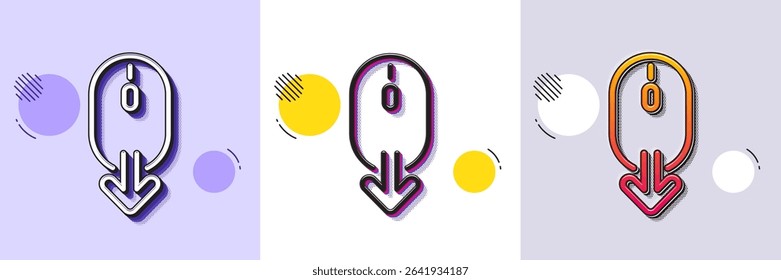 Scroll down mouse line icon. Halftone dotted pattern. Gradient icon with grain shadow. Scrolling screen sign. Swipe page. Line scroll down icon. Various designs. Vector