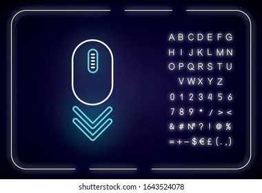 Scroll down mouse neon light icon. Internet page browsing double arrow. Web cursor. PC mouse. Outer glowing effect. Sign with alphabet, numbers and symbols. Vector isolated RGB color illustration