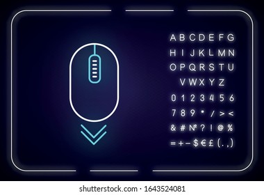 Scroll down mouse neon light icon. Internet page browsing and scrolling. PC mouse. Outer glowing effect. Sign with alphabet, numbers and symbols. Vector isolated RGB color illustration