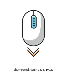 Scroll down mouse white RGB color icon. Internet page browsing and scrolling. Web cursor pointing down direction. Website pointer. PC mouse with buttons and wheel . Isolated vector illustration