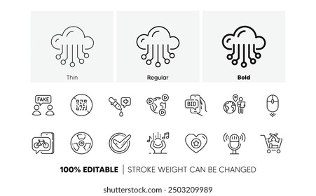 Scroll down, Outsource work and Confirmed line icons. Pack of Video conference, Qr code, Cross sell icon. Chemistry pipette, Noise, Fake information pictogram. Cloud storage, Bike app. Vector