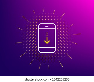Scroll down phone line icon. Halftone pattern. Scrolling screen sign. Swipe page. Gradient background. Scroll down line icon. Yellow halftone pattern. Vector