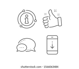 Scroll down phone line icon. Chat bubble, info sign elements. Scrolling screen sign. Swipe page. Linear scroll down outline icon. Information bubble. Vector