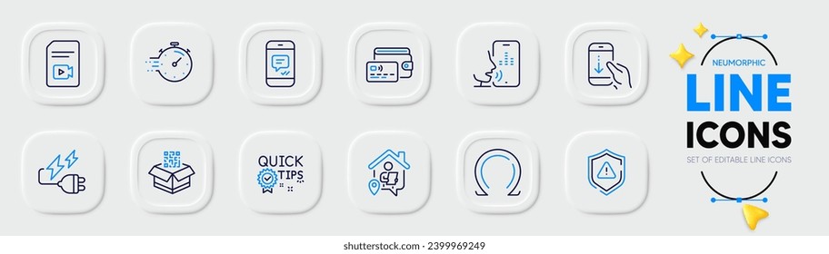 Scroll down, Quick tips and Wallet line icons for web app. Pack of Timer, Omega, Video file pictogram icons. Work home, Message, Voicemail signs. Attention, Qr code, Electricity plug. Vector