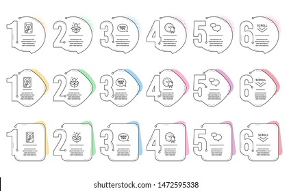 Scroll down, Quickstart guide and Hdd line icons set. Infographic timeline. Chat message, Loyalty program and Alarm bell signs. Swipe screen, Helpful tricks, Hard disk. Speech bubble. Vector