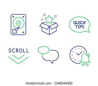 Scroll down, Quickstart guide and Hdd line icons set. Chat message, Loyalty program and Alarm bell signs. Swipe screen, Helpful tricks, Hard disk. Speech bubble. Technology set. Vector